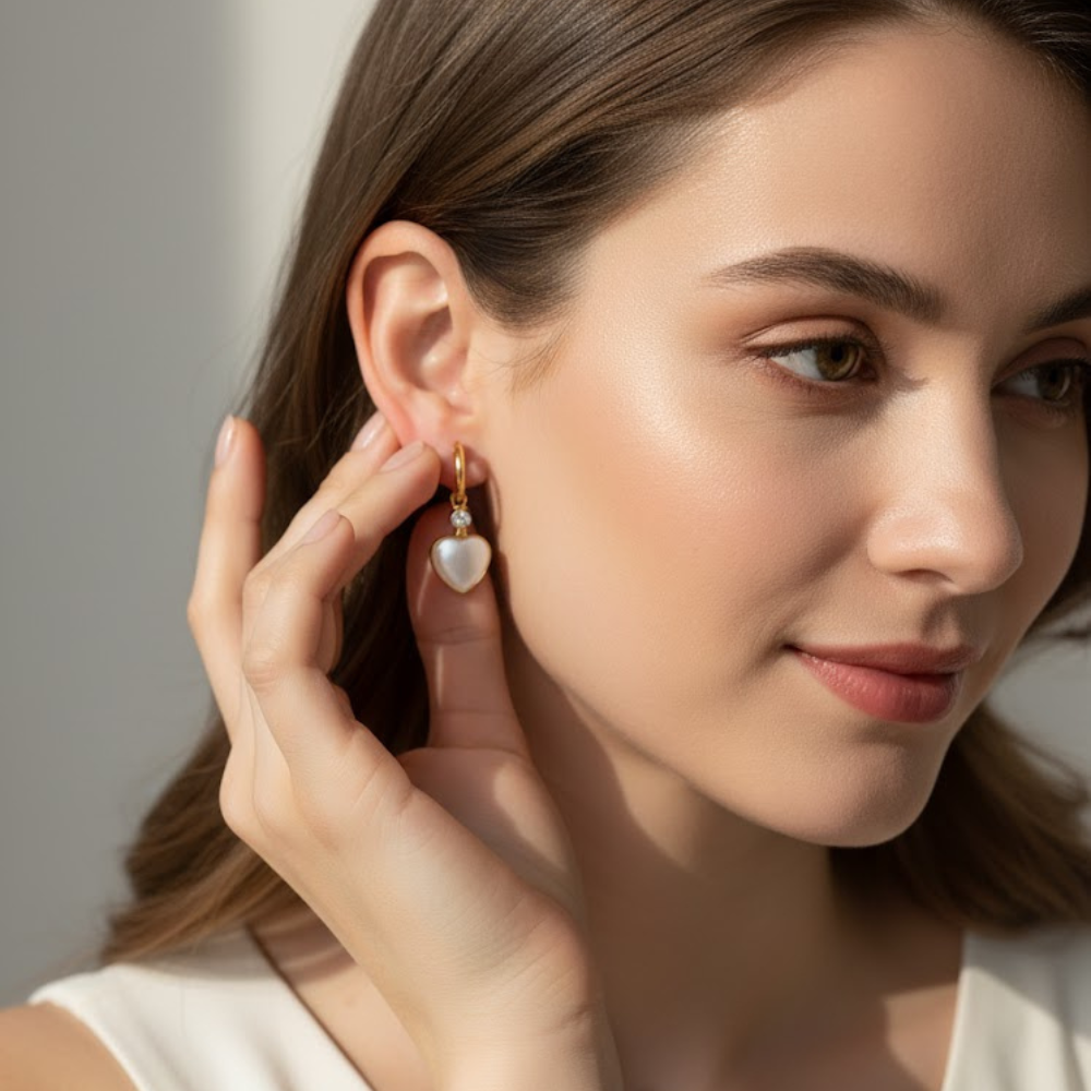 Golden Heart Pearl Drop Earrings – Anti Tarnish | N J JEWELS - Image 3