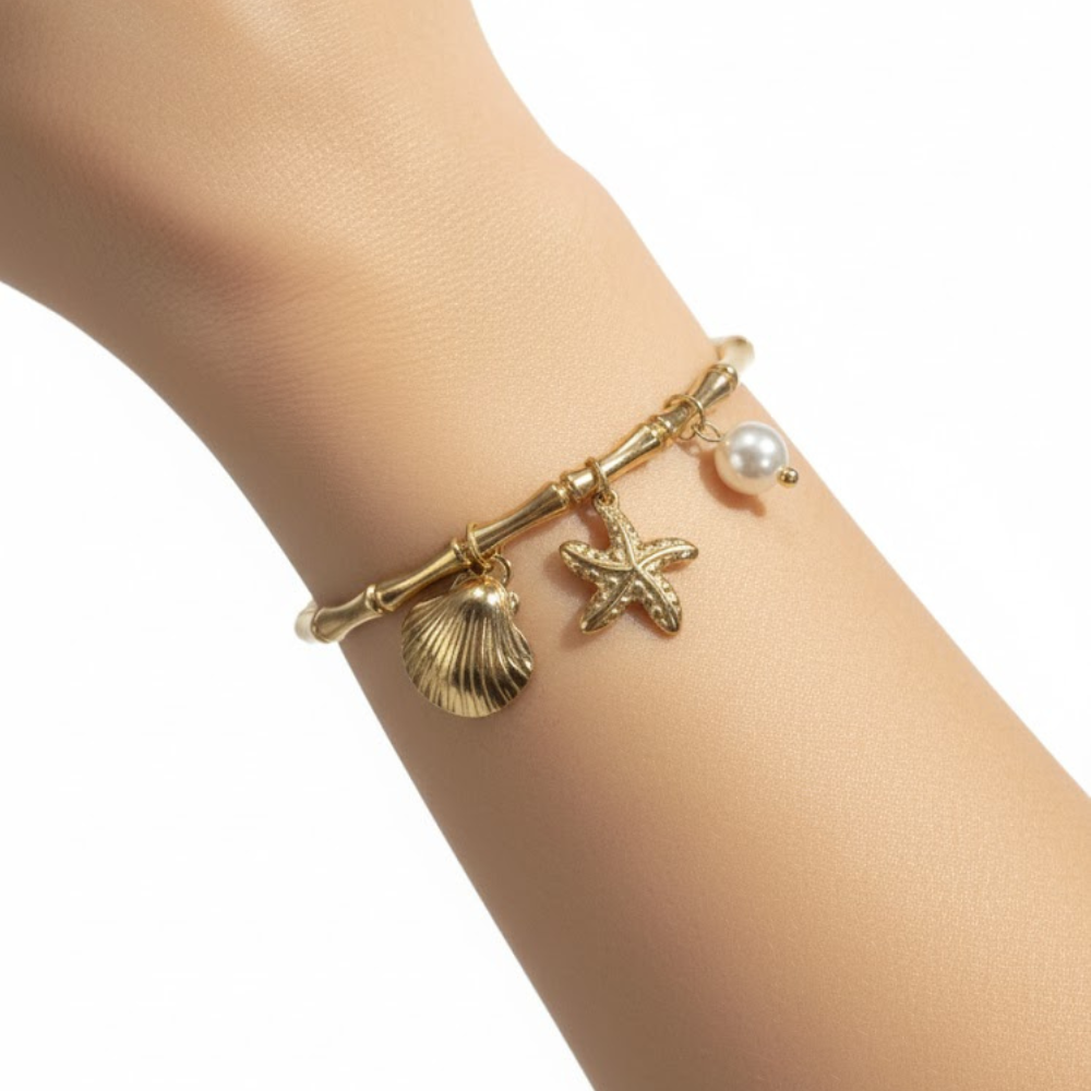 Golden Sea Charm Bracelet – Starfish, Shell & Pearl Design