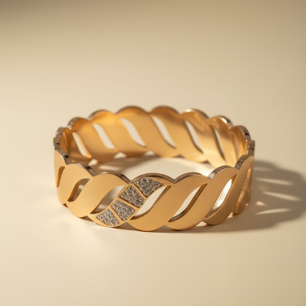 Elegant Gold-Tone Twisted Design Bracelet with Diamond Accents - Image 4