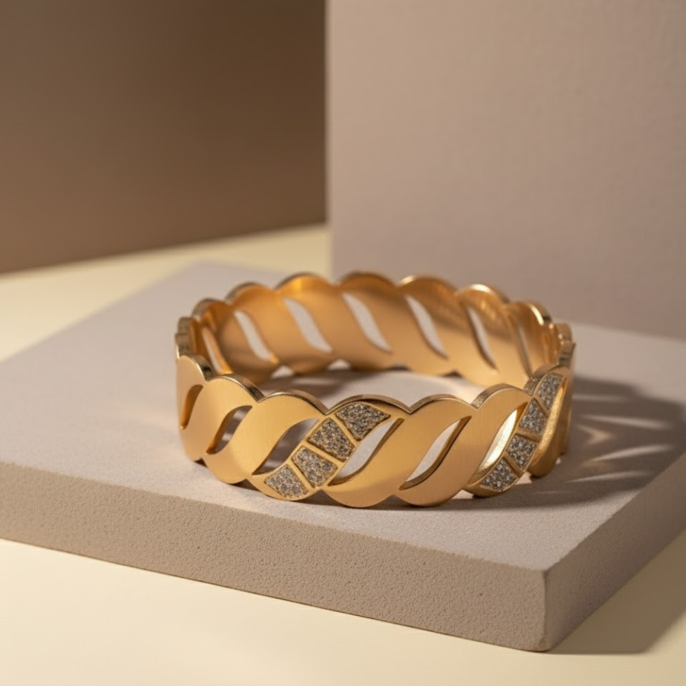 Elegant Gold-Tone Twisted Design Bracelet with Diamond Accents - Image 2