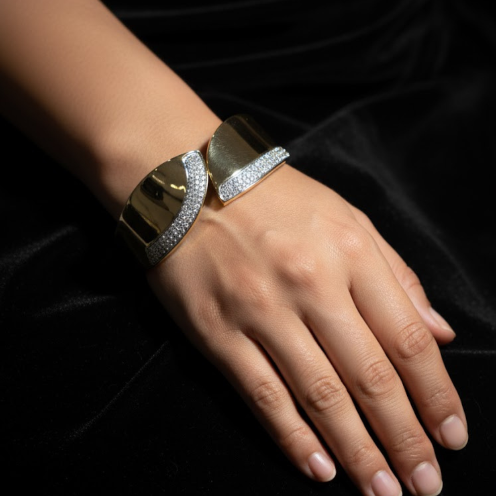 Modern Gold-Plated Open Cuff Bracelet with Diamond Accents