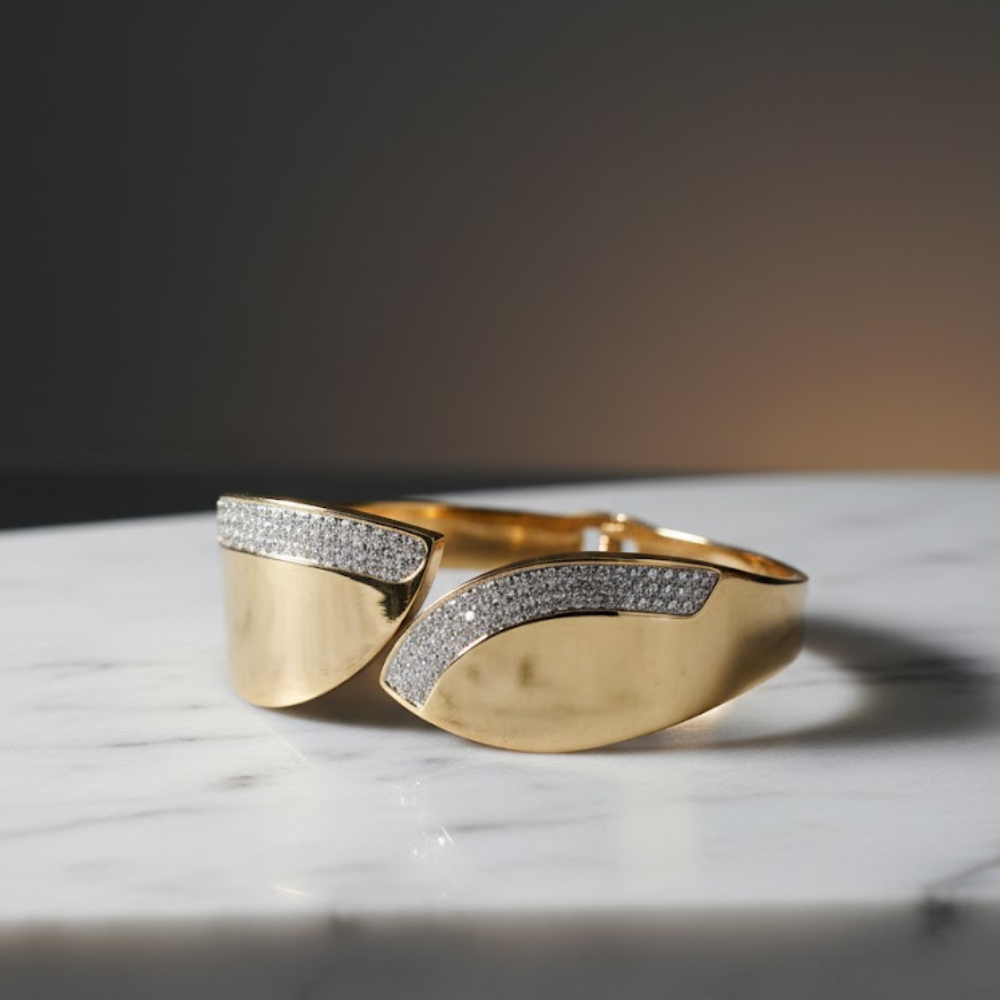 Modern Gold-Plated Open Cuff Bracelet with Diamond Accents - Image 3