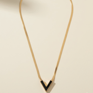 Elegant V-Shaped Black Enamel Gold Chain Necklace