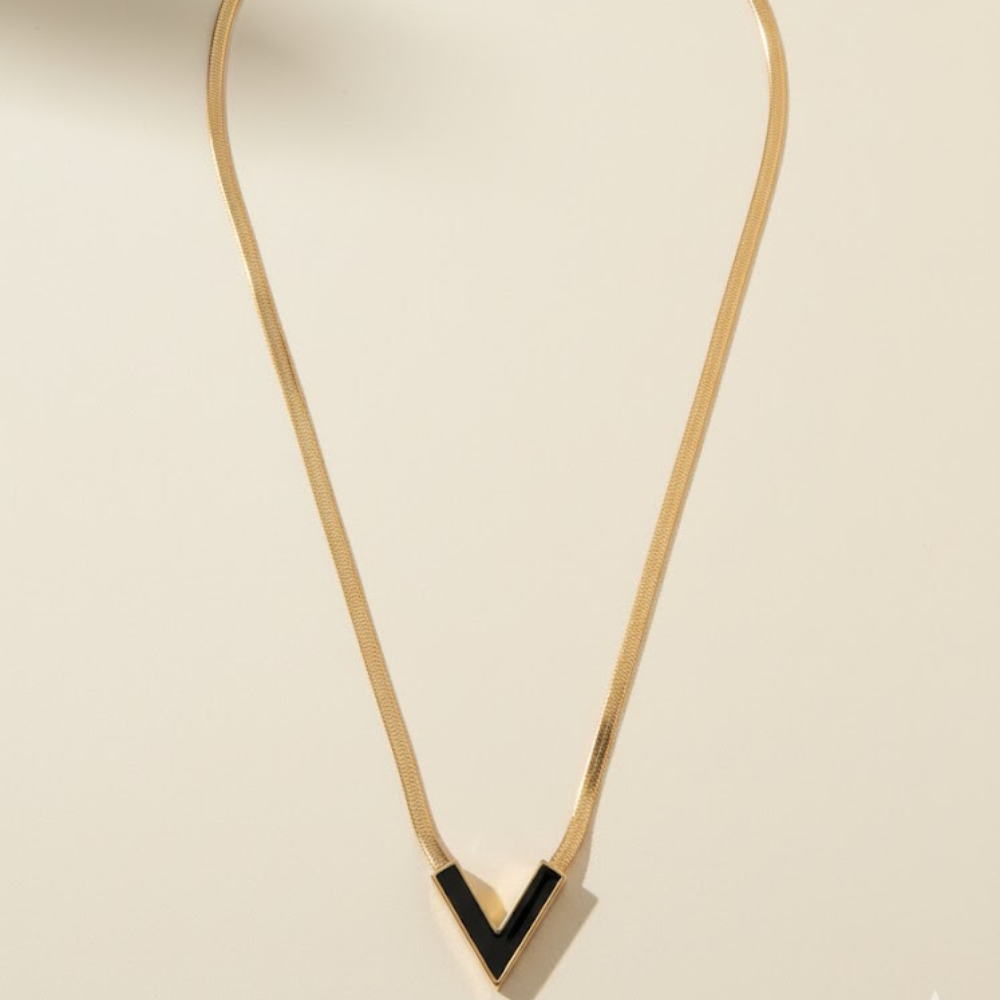 Elegant V-Shaped Black Enamel Gold Chain Necklace