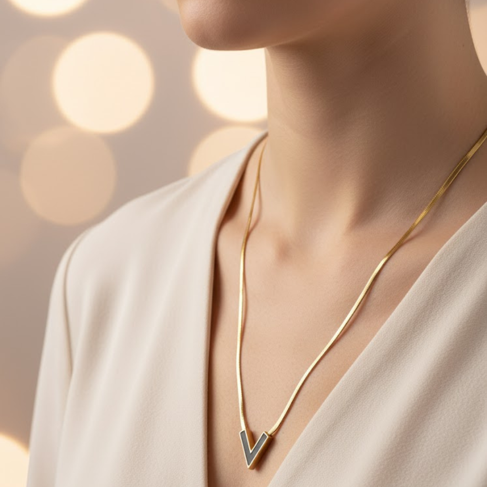 Elegant V-Shaped Black Enamel Gold Chain Necklace - Image 2