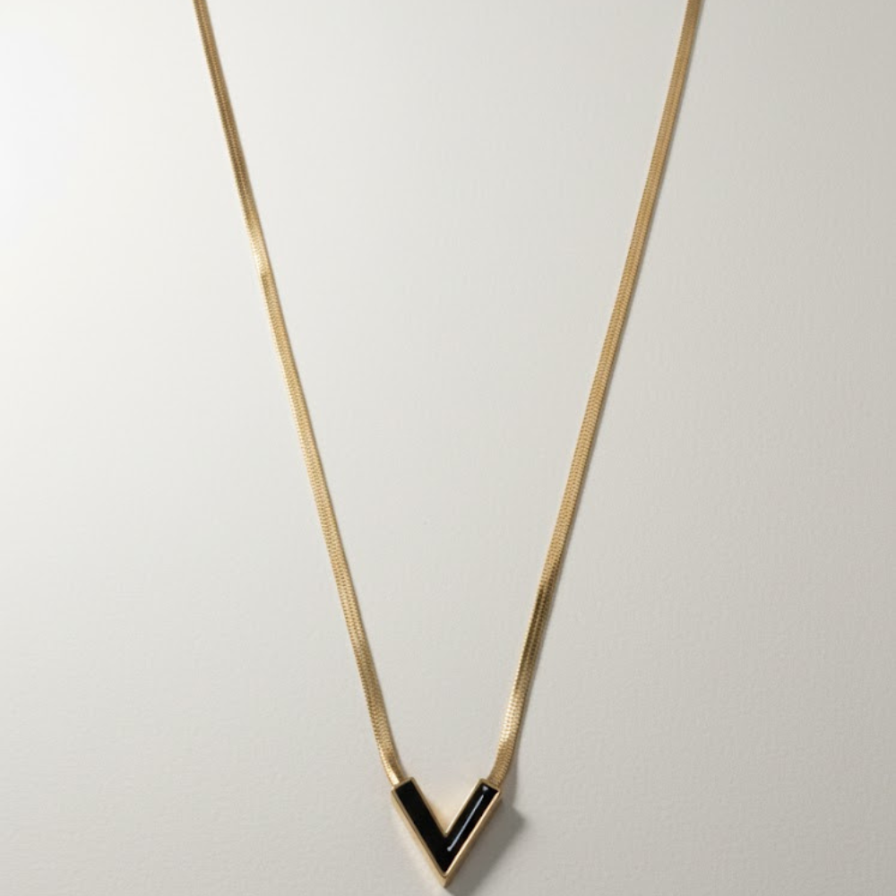 Elegant V-Shaped Black Enamel Gold Chain Necklace - Image 3