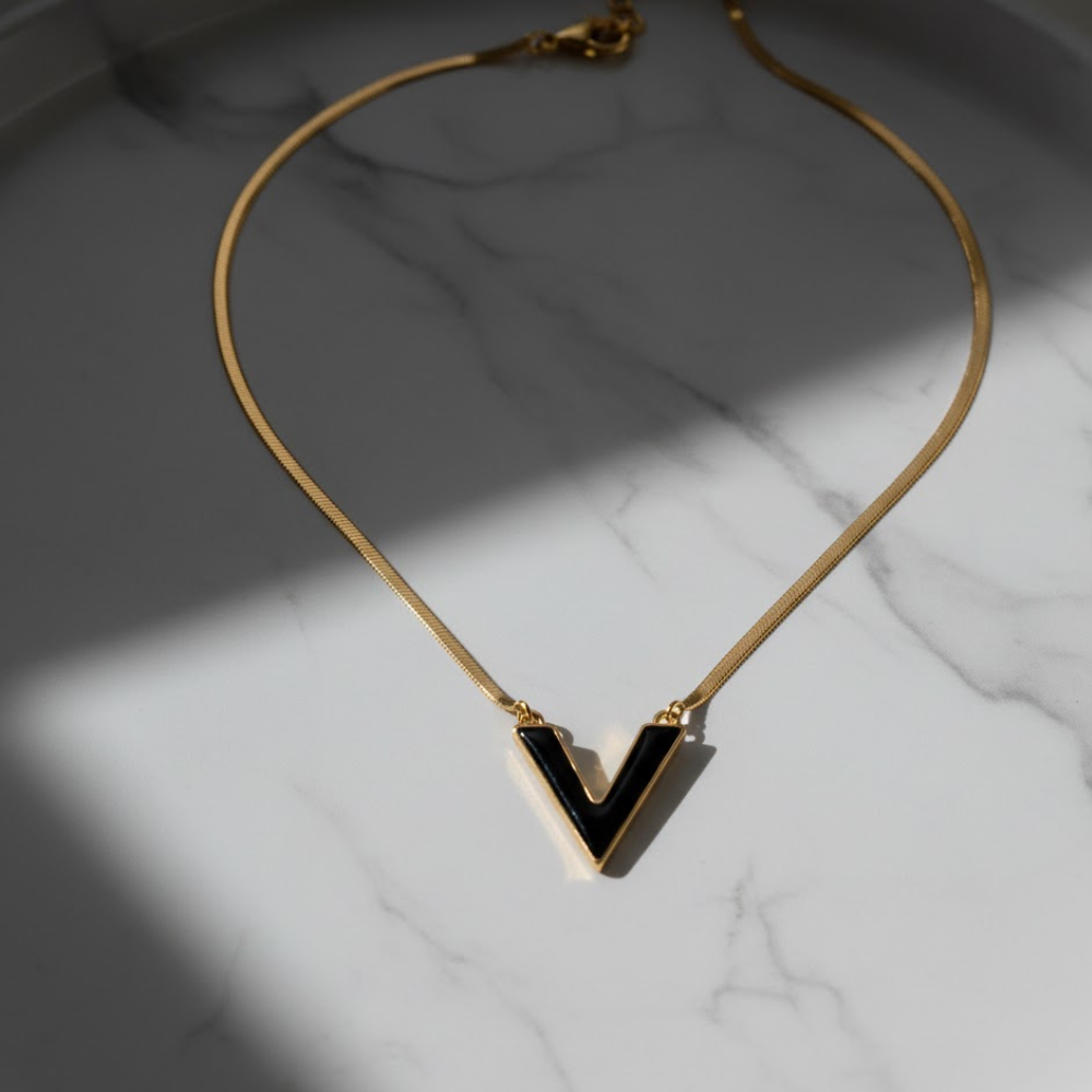 Elegant V-Shaped Black Enamel Gold Chain Necklace - Image 4