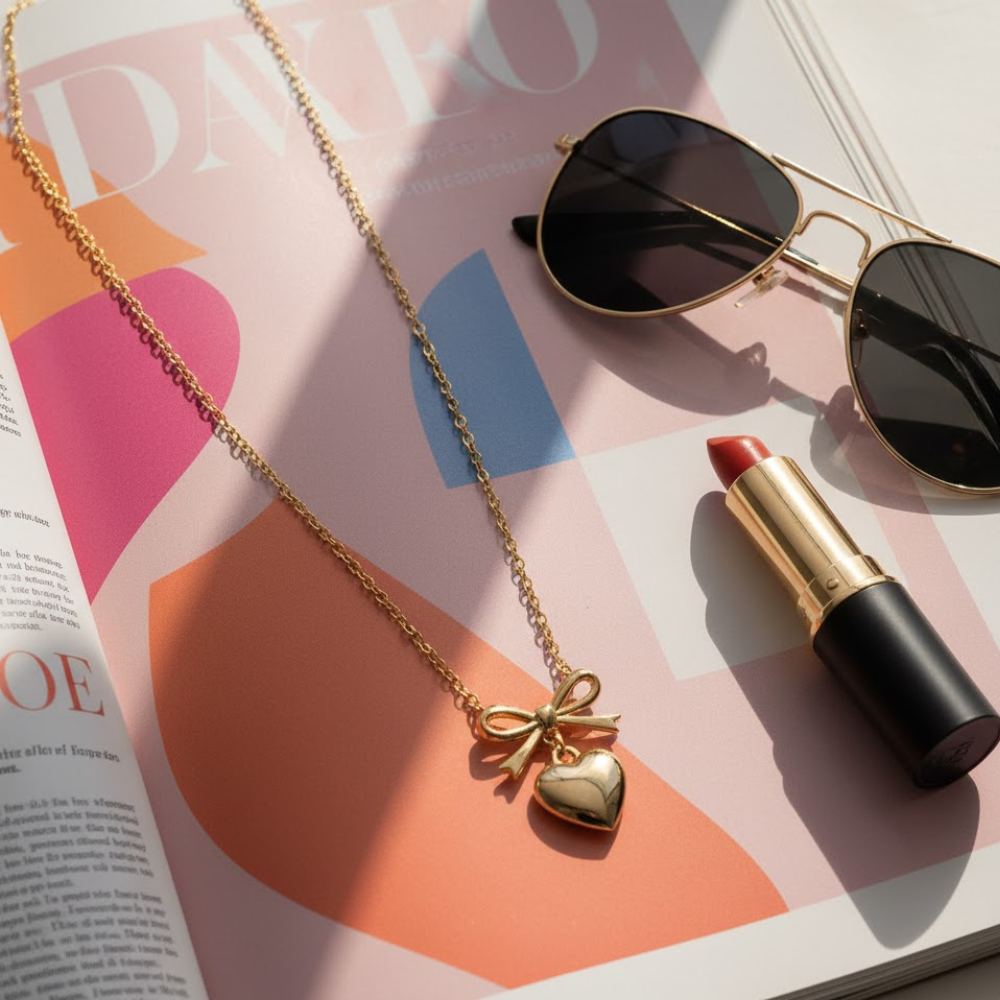 Charming Bow & Heart Gold Chain Necklace - Image 3