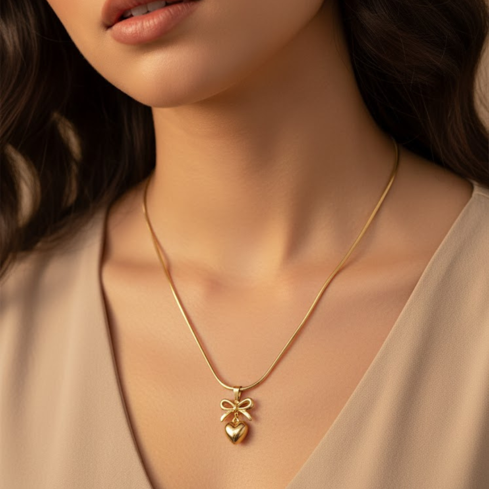 Charming Bow & Heart Gold Chain Necklace - Image 2