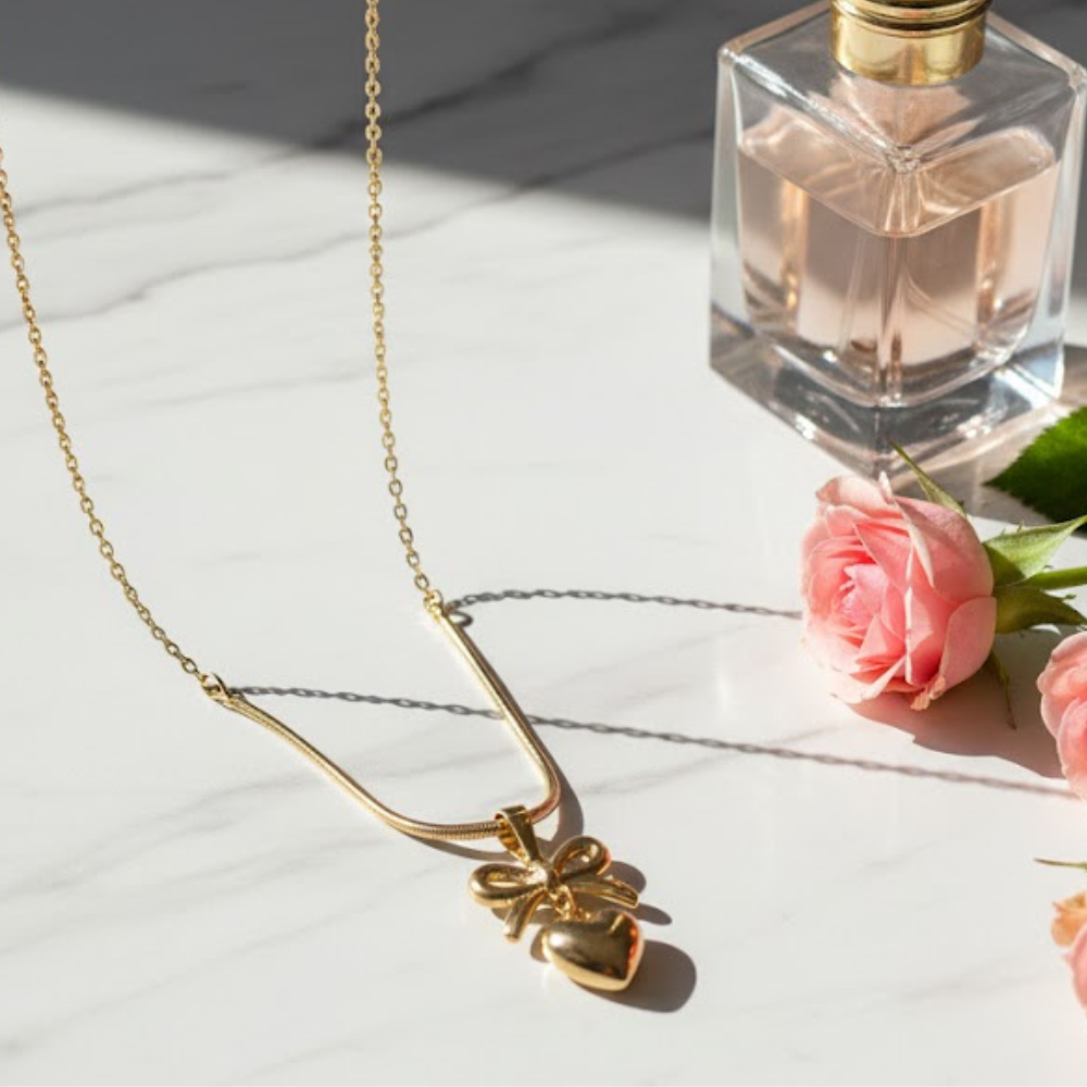 Charming Bow & Heart Gold Chain Necklace - Image 4