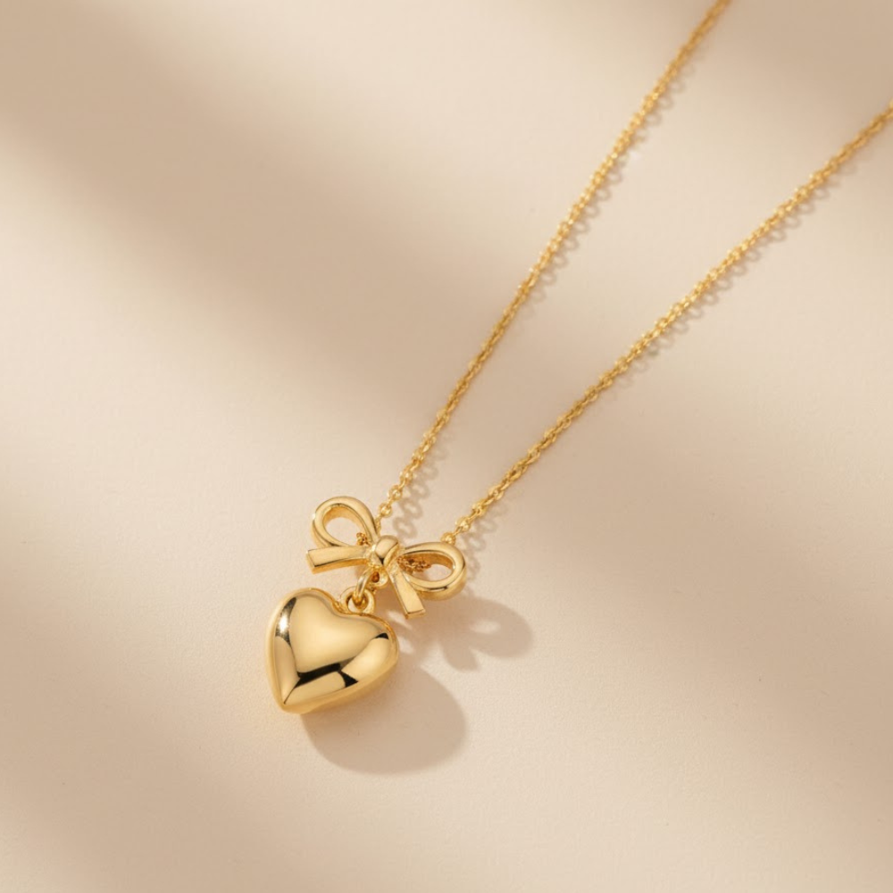 Charming Bow & Heart Gold Chain Necklace