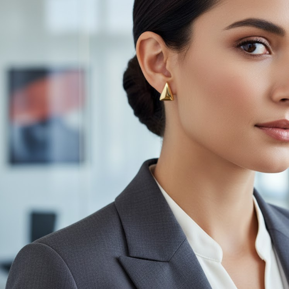 Golden Triangle Stud Earrings – Anti Tarnish Finish - Image 3
