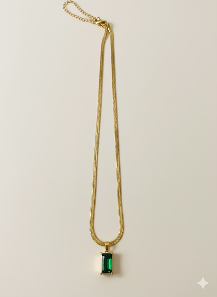 Elegant Rectangular Green Stone Gold Chain Necklace