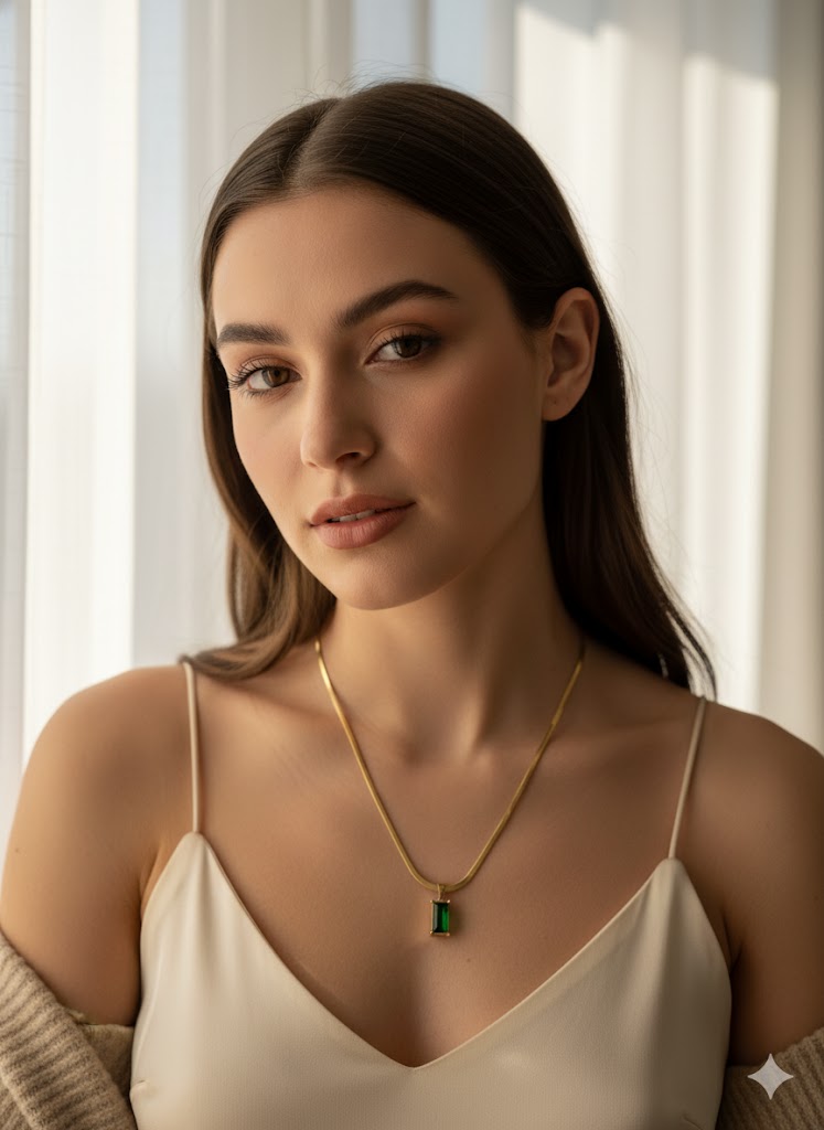 Elegant Rectangular Green Stone Gold Chain Necklace - Image 2